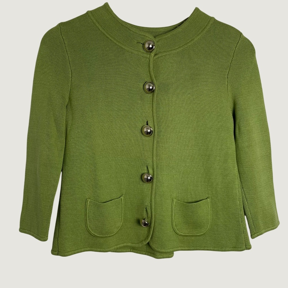 Silk Blend Jacket Cardigan Women XS Green Pleated Quiet Luxury Layering Holiday